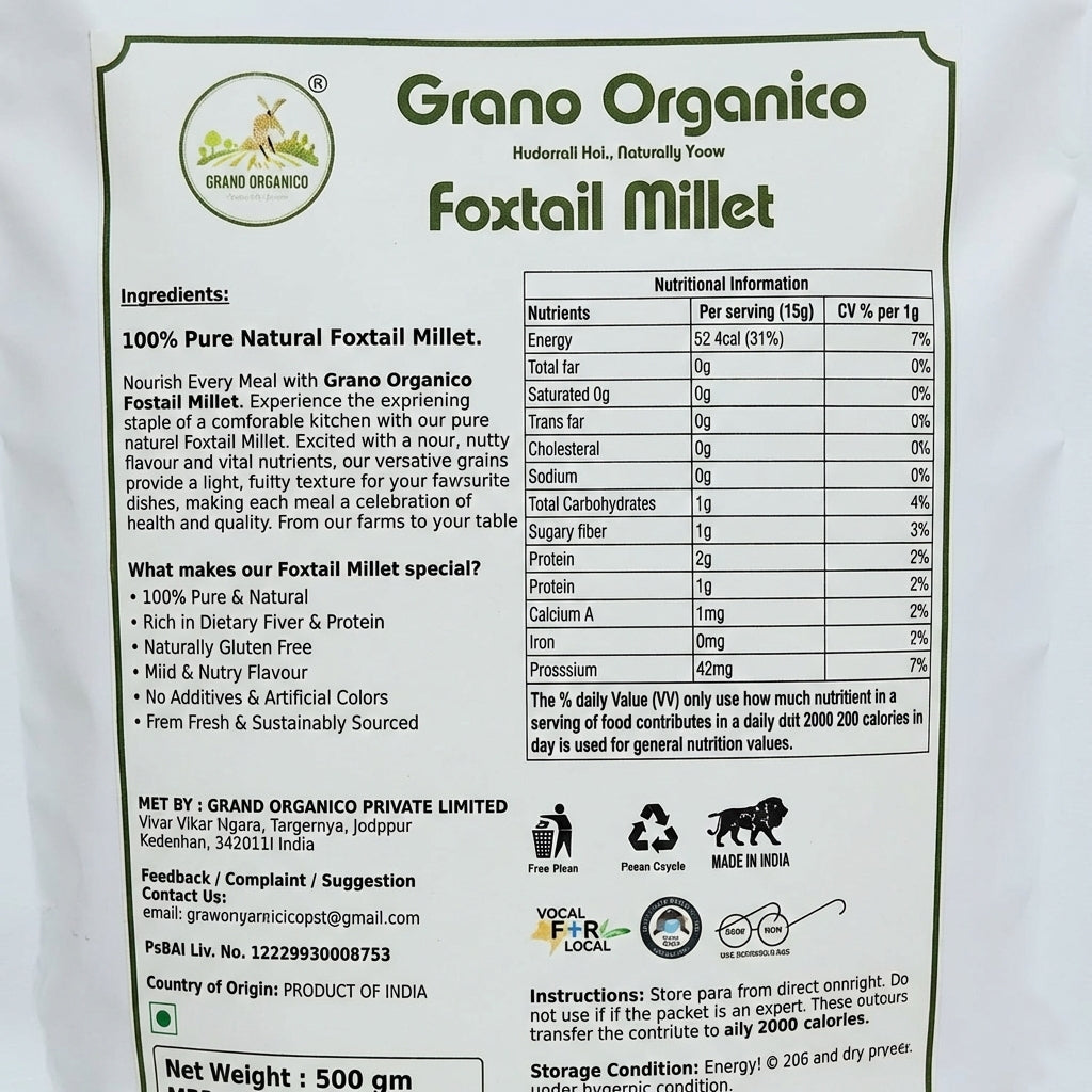 Grano Organico Premium Foxtail Millet (Kangni/Thinai) | Organic, Chemical & Pesticide Free