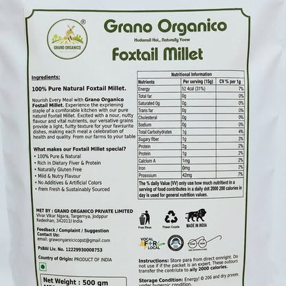 Grano Organico Premium Foxtail Millet (Kangni/Thinai) | Organic, Chemical & Pesticide Free