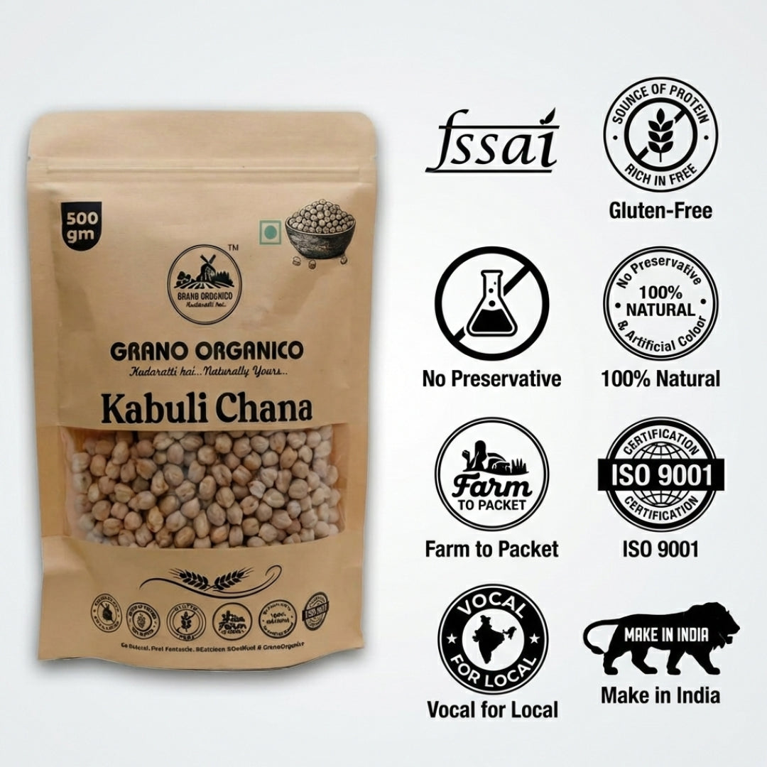 Grano Organico Premium Kabuli Chana (White Chickpeas) | Unpolished & Chemical Free
