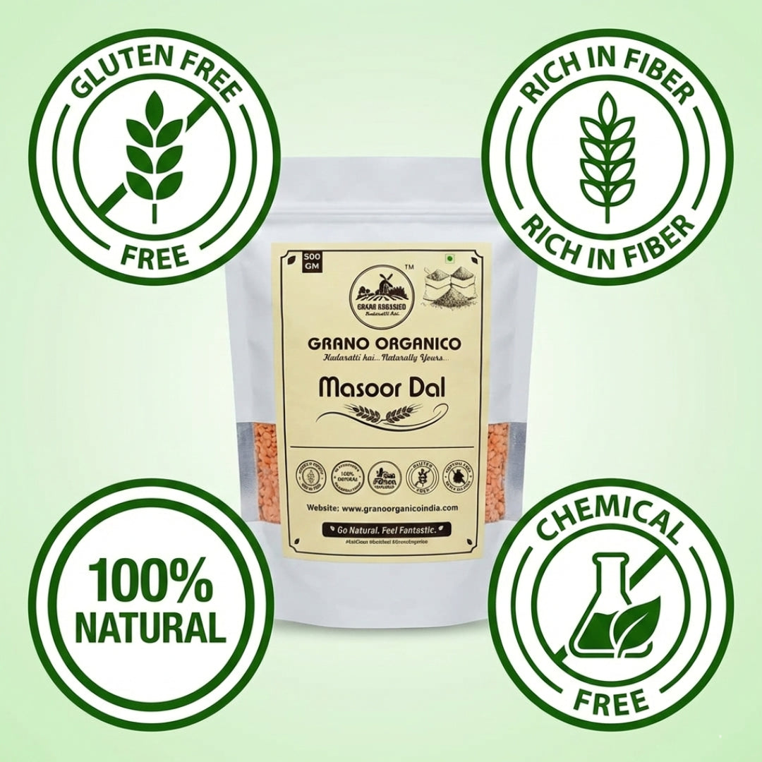 Grano Organico Premium Masoor Dal (Split Red Lentils) | Unpolished, Protein-Rich & Chemical-Free