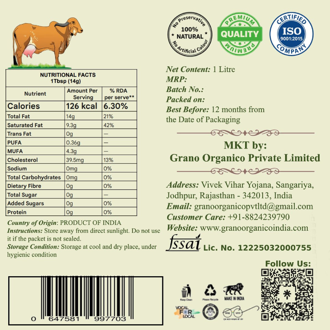Grano Organico A2 Gir Cow Ghee | Vedic Bilona Method | Organic & Hand-Churned | Gujarat Special