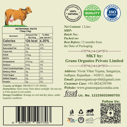 Grano Organico A2 Gir Cow Ghee | Vedic Bilona Method | Organic & Hand-Churned | Gujarat Special