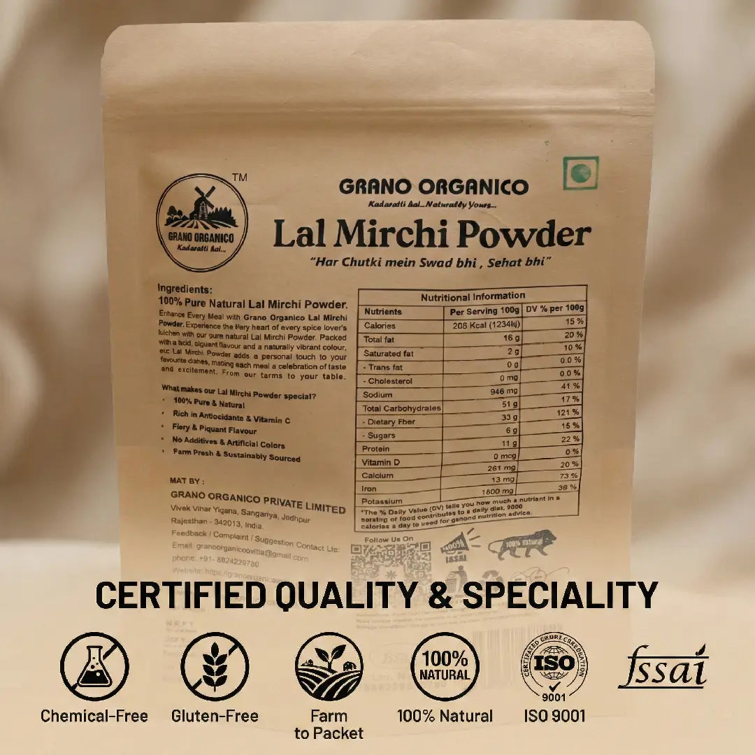 Grano Organico Mathania Lal Mirchi Powder (Red Chili) | Vibrant Color & Organic